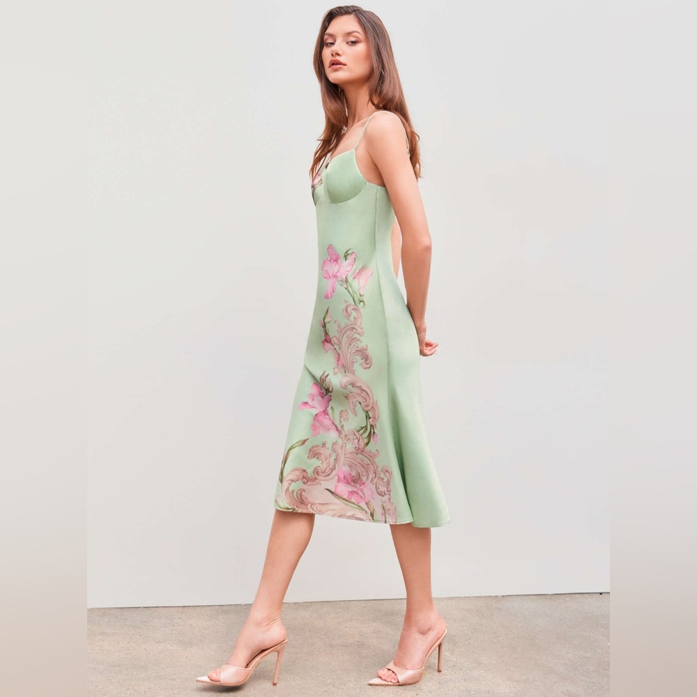 NWT Cider Satin Floral Backless Midi Slip Dress Pale Green w Pink Size Medium - Picture 4 of 14